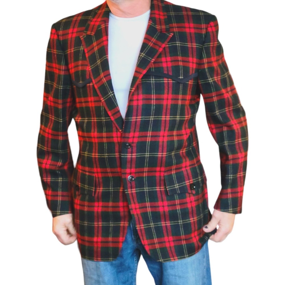 Vintage Men's‎ Festive Western 42R Bold Red Plaid Wool Sportcoat Perri Chicago